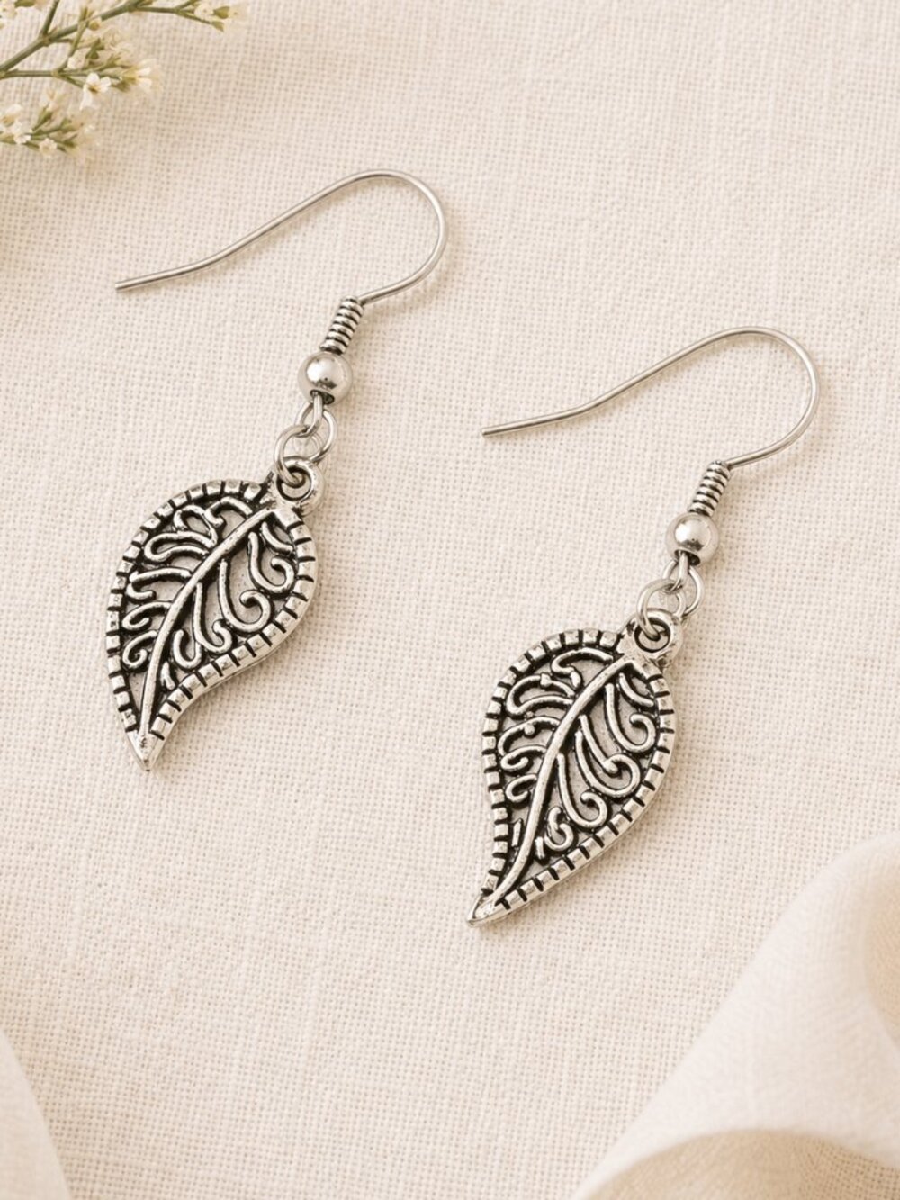 Antiqued Silver Filigree Leaf Dangle Earrings Nature Boho Lightweight